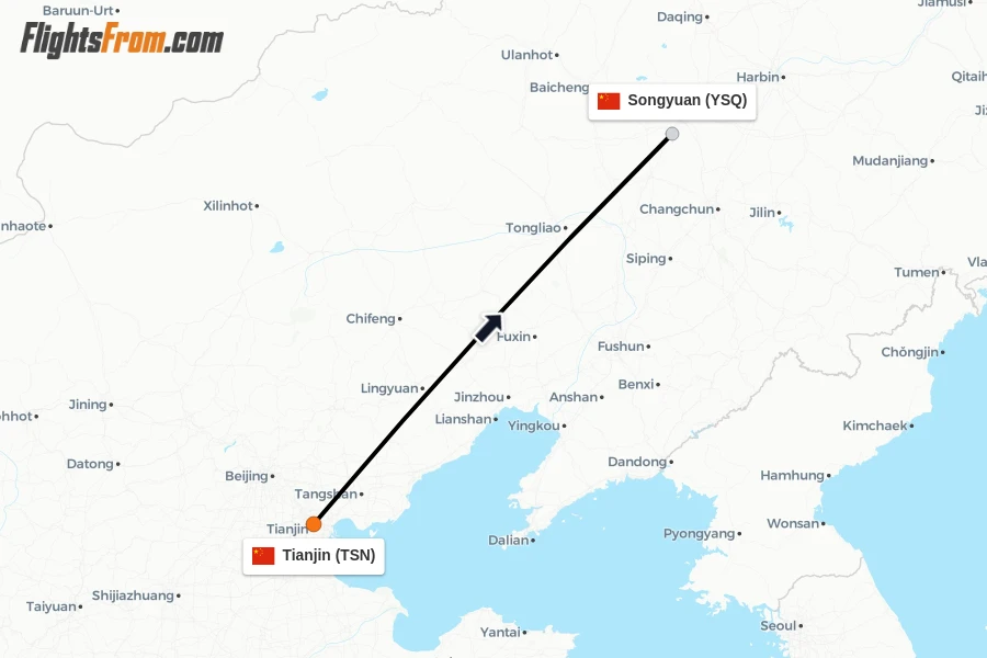 Flights from Tianjin to Songyuan route map