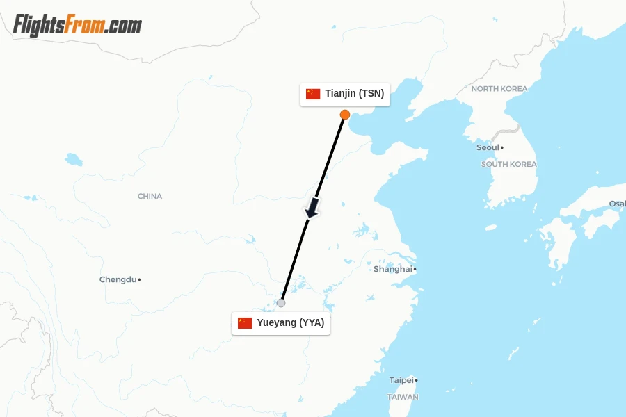 Flights from Tianjin to Yueyang route map