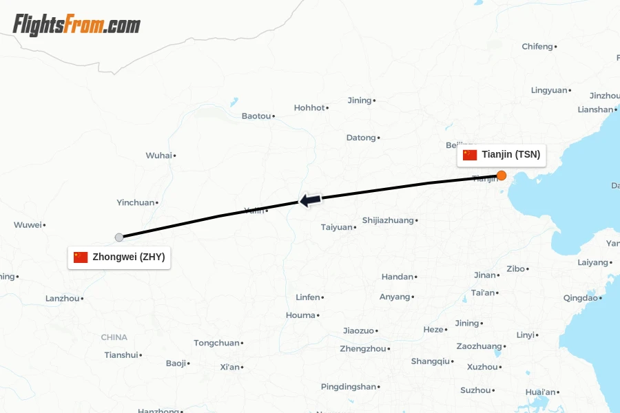Flights from Tianjin to Zhongwei route map