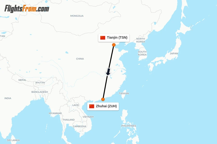 Flights from Tianjin to Zhuhai route map