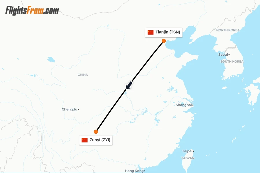 Flights from Tianjin to Zunyi route map