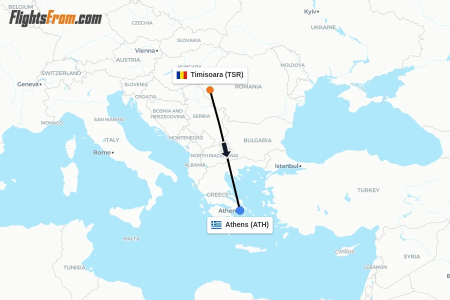 Flights from Timisoara to Athens route map