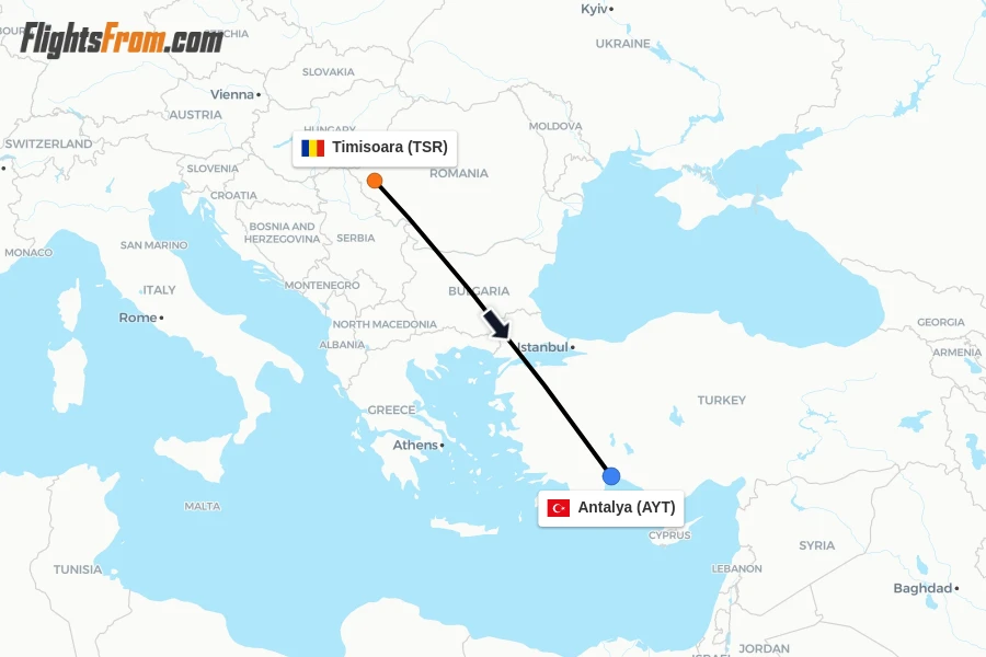 Flights from Timisoara to Antalya route map