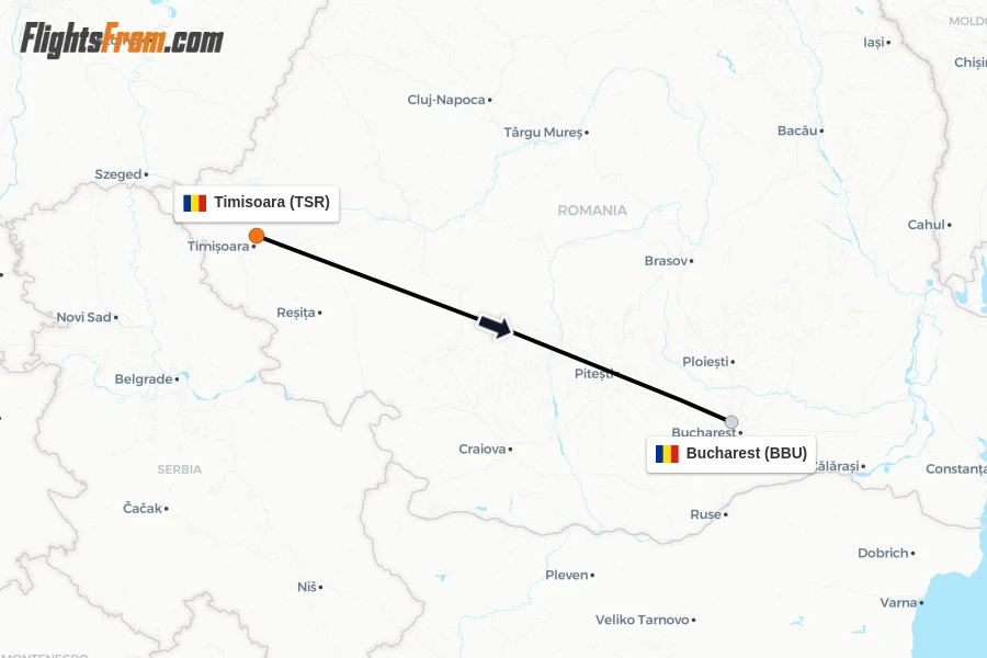 Flights from Timisoara to Bucharest route map