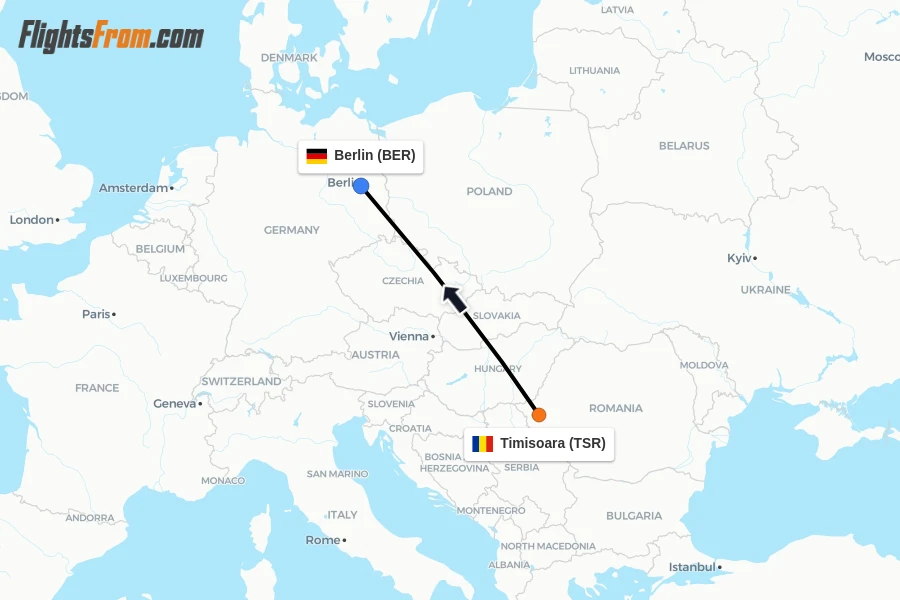 Flights from Timisoara to Berlin route map