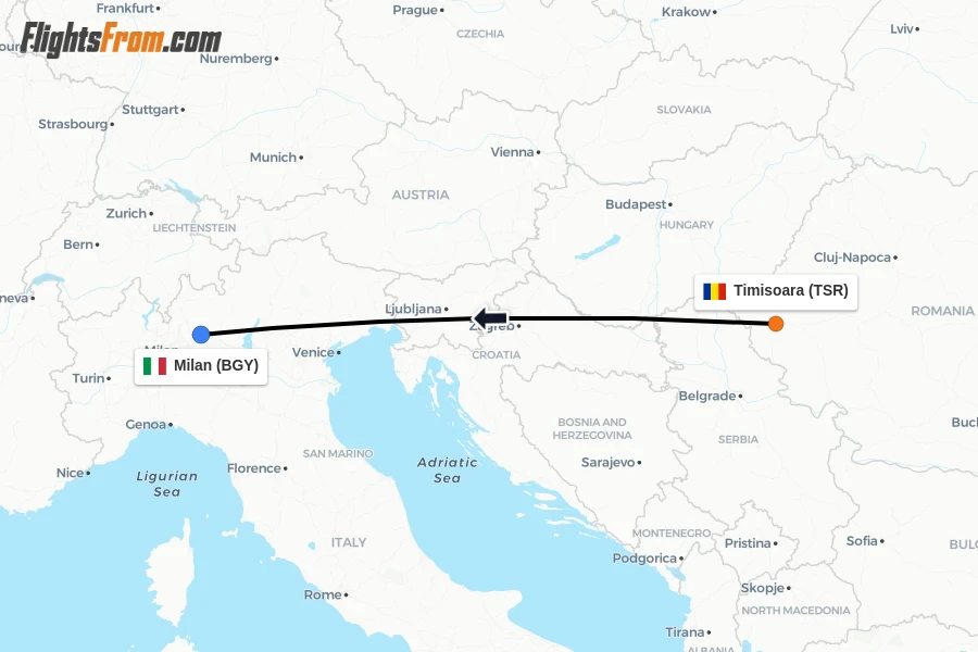 Flights from Timisoara to Milan route map