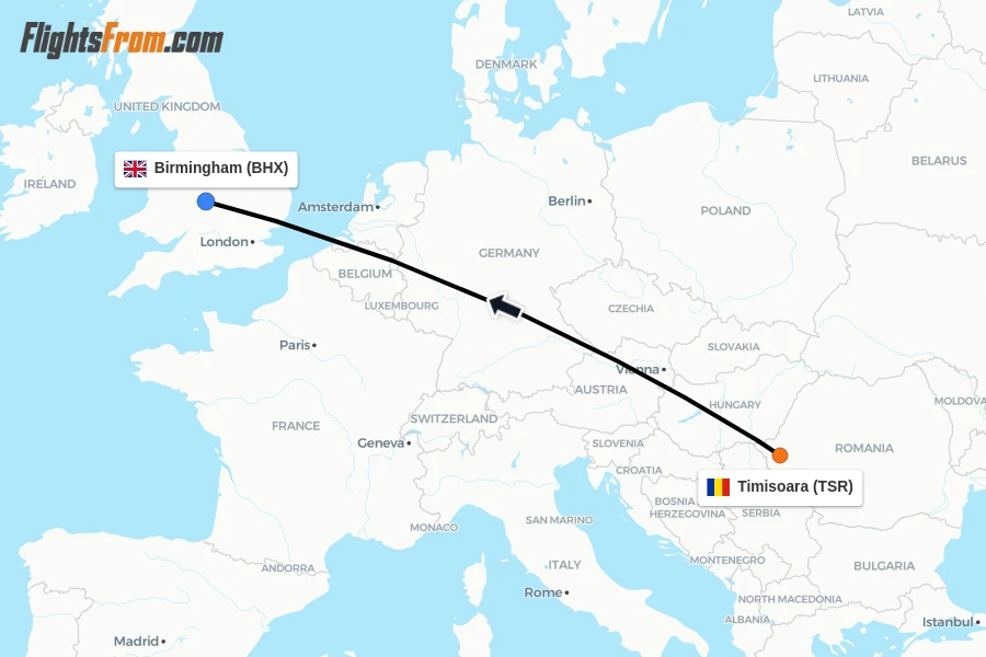 Flights from Timisoara to Birmingham route map