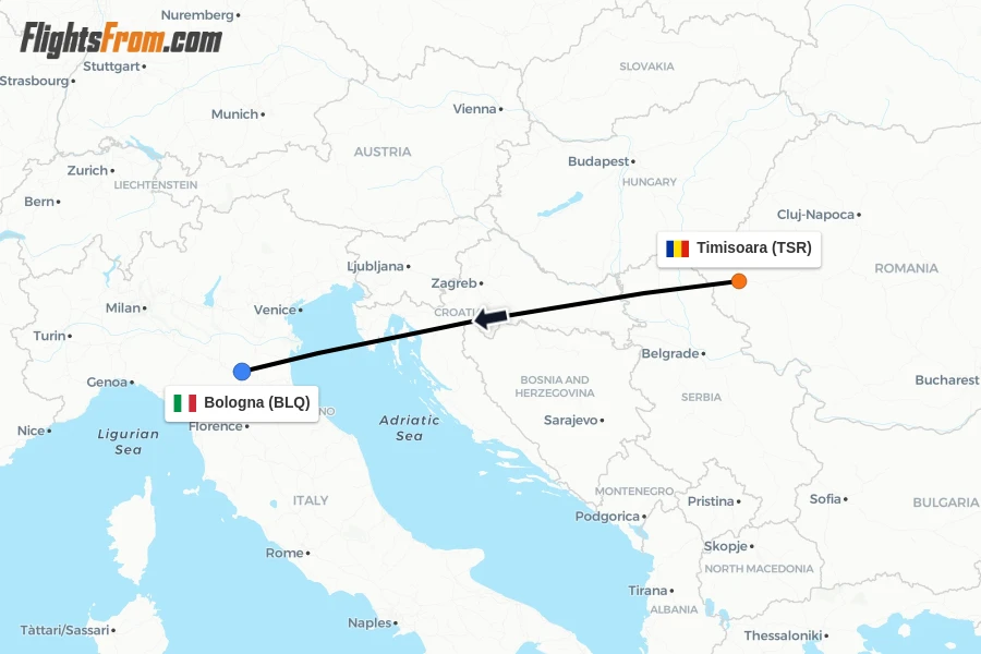 Flights from Timisoara to Bologna route map