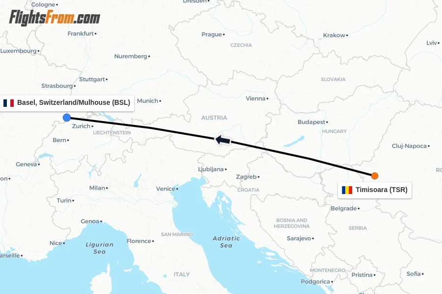 Flights from Timisoara to Basel, Switzerland/Mulhouse route map
