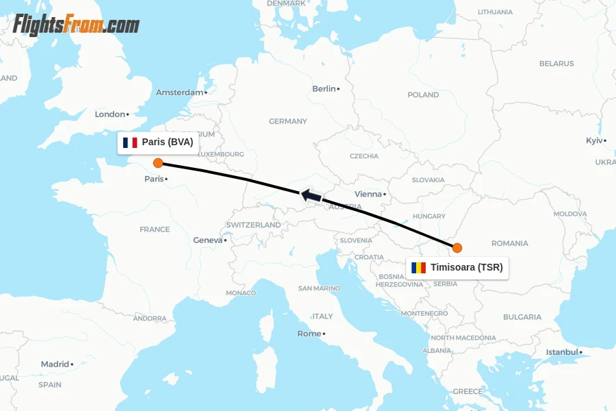 Flights from Timisoara to Paris route map