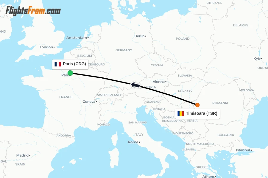 Flights from Timisoara to Paris route map