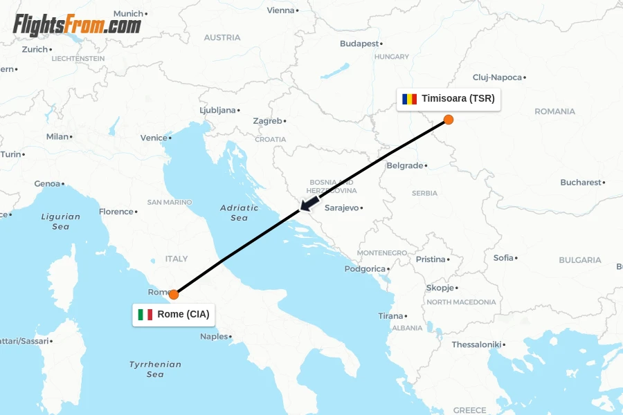 Flights from Timisoara to Rome route map