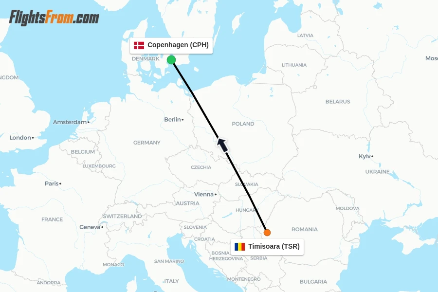Flights from Timisoara to Copenhagen route map