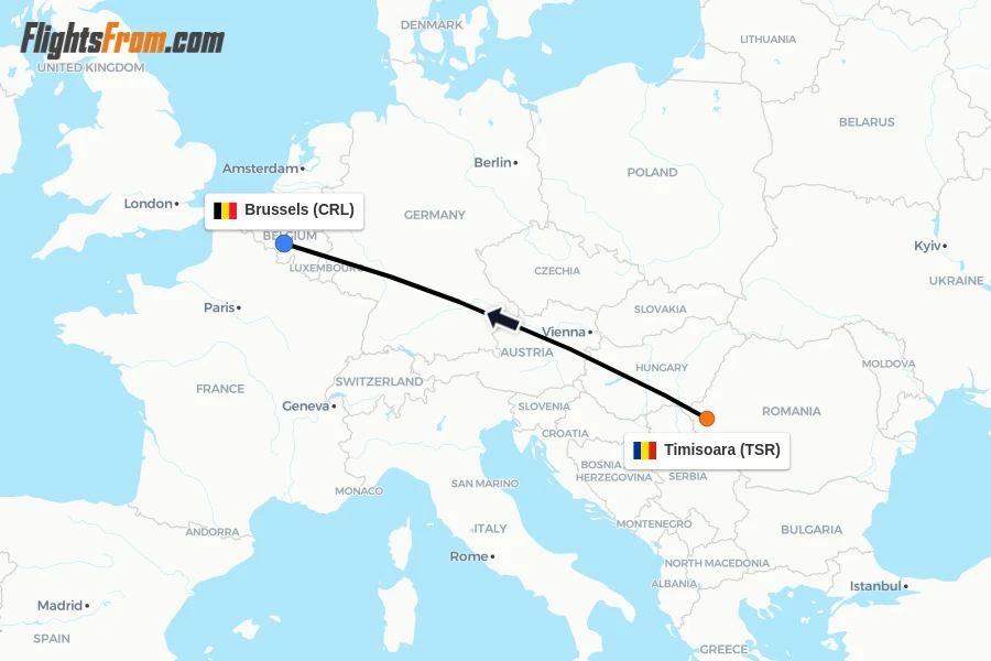 Flights from Timisoara to Brussels route map