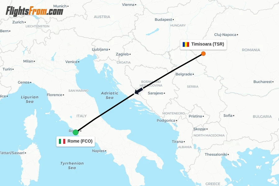 Flights from Timisoara to Rome route map