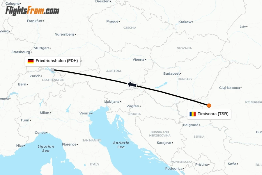 Flights from Timisoara to Friedrichshafen route map