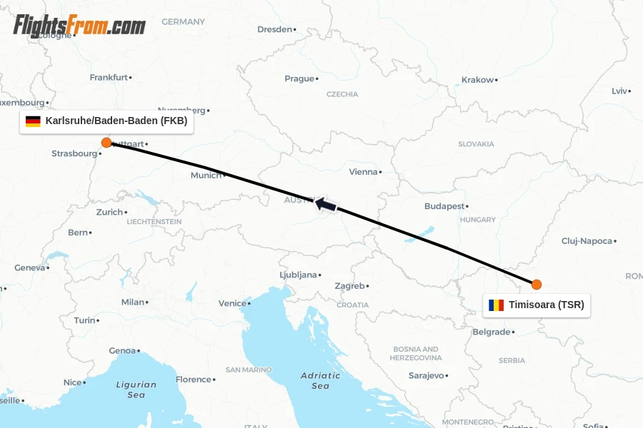 Flights from Timisoara to Karlsruhe/Baden-Baden route map