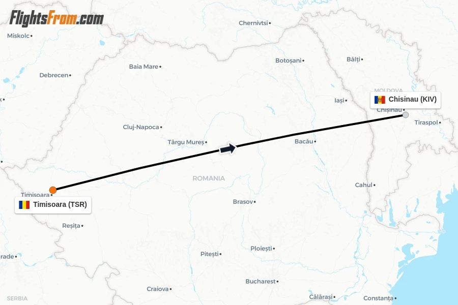 Flights from Timisoara to Chisinau route map