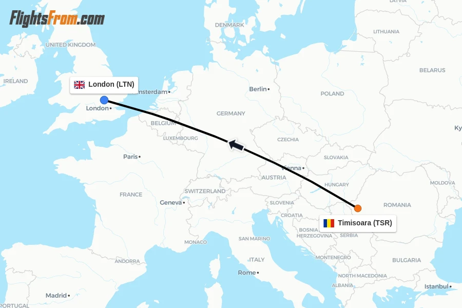 Flights from Timisoara to London route map