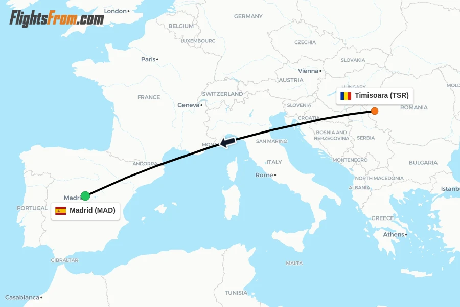 Flights from Timisoara to Madrid route map
