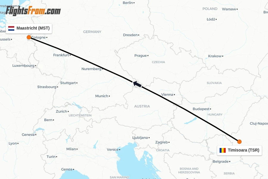 Flights from Timisoara to Maastricht route map