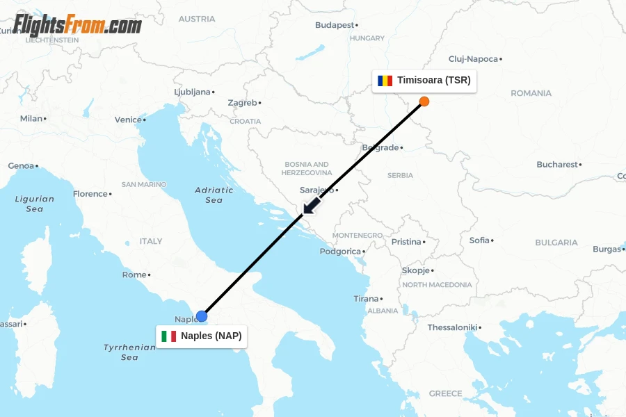 Flights from Timisoara to Naples route map