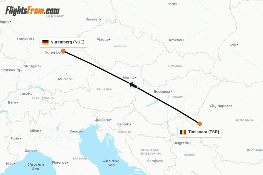 Flights from Timisoara to Nuremberg route map