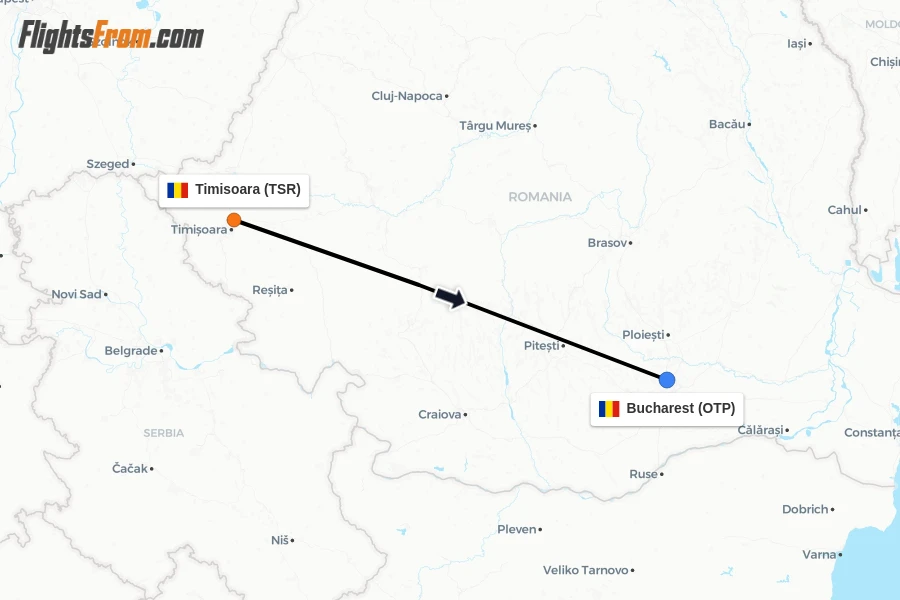 Flights from Timisoara to Bucharest route map