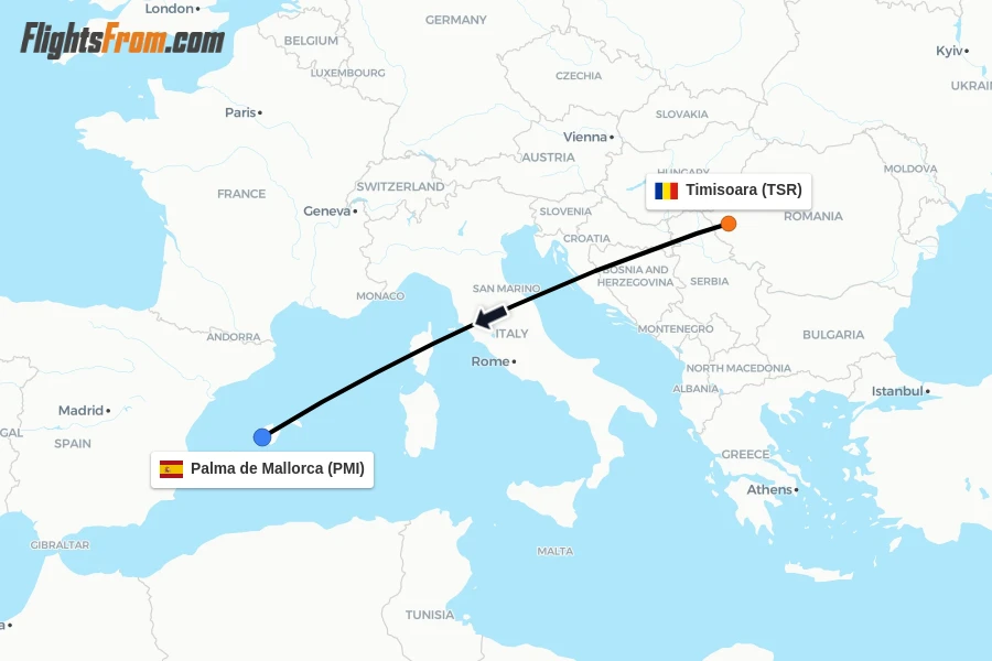 Flights from Timisoara to Palma de Mallorca route map