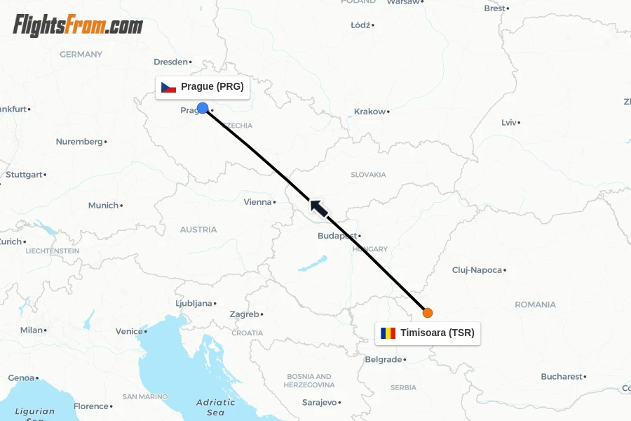 Flights from Timisoara to Prague route map