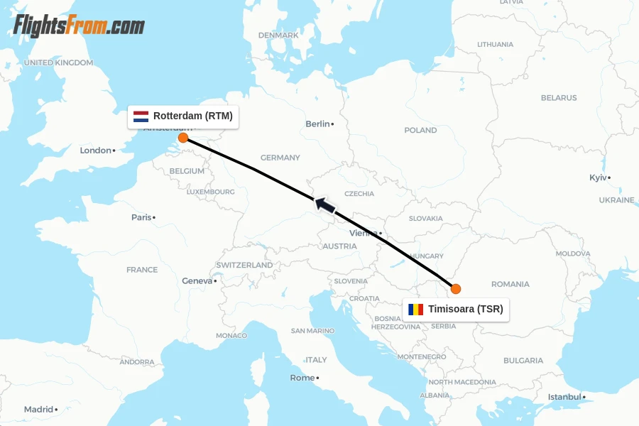 Flights from Timisoara to Rotterdam route map