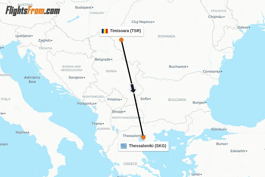 Flights from Timisoara to Thessaloniki route map