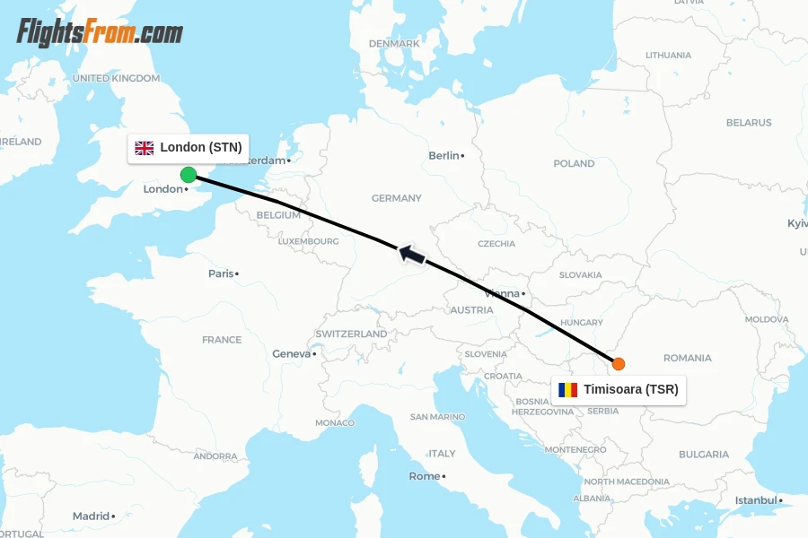 Flights from Timisoara to London route map