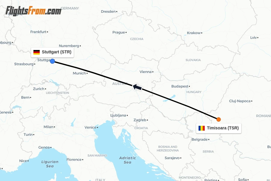Flights from Timisoara to Stuttgart route map