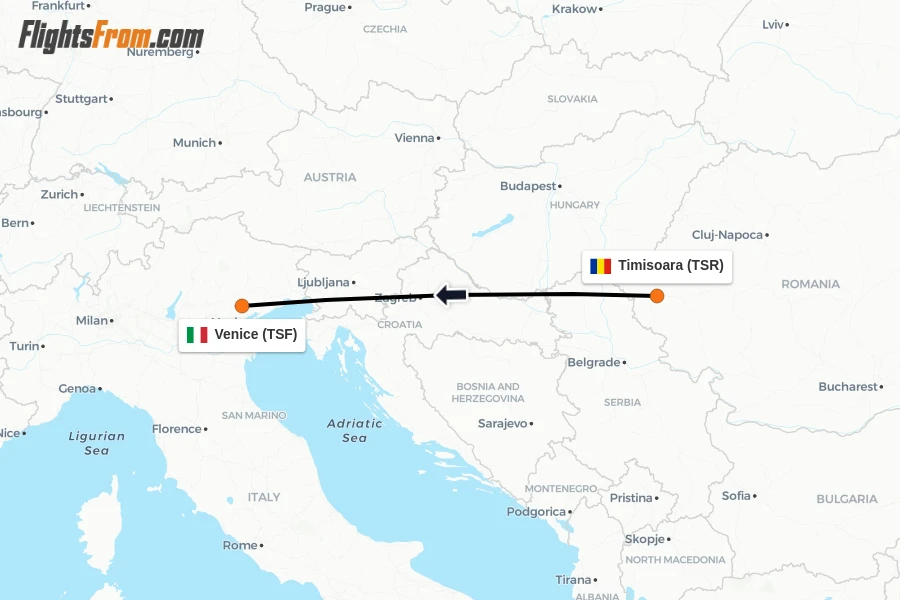 Flights from Timisoara to Venice route map