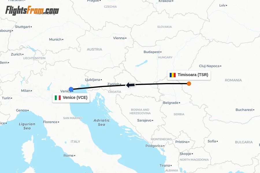 Flights from Timisoara to Venice route map
