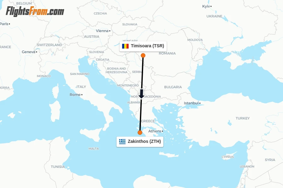 Flights from Timisoara to Zakinthos route map