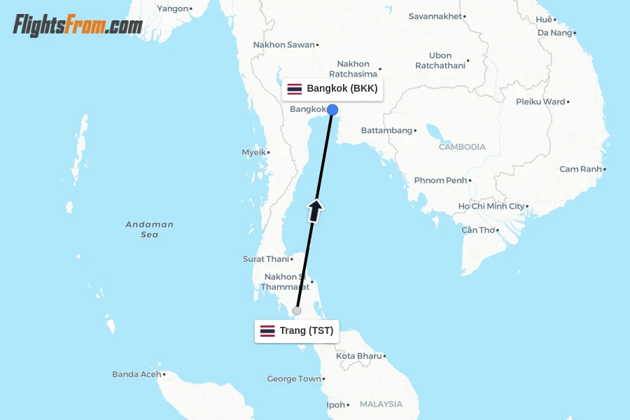 Flights from Trang to Bangkok route map