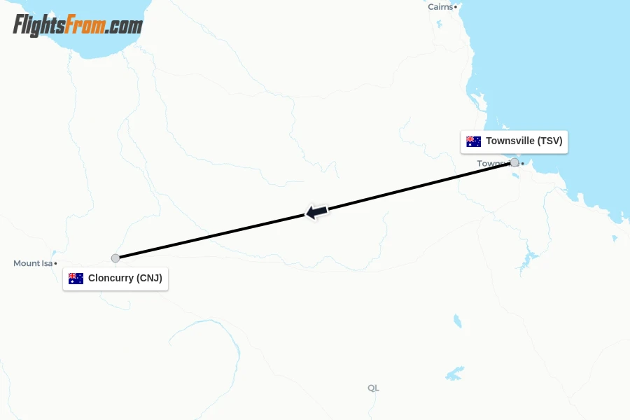 Flights from Townsville to Cloncurry route map
