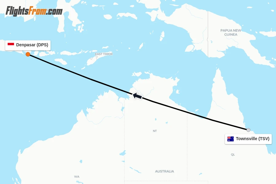 Flights from Townsville to Denpasar route map
