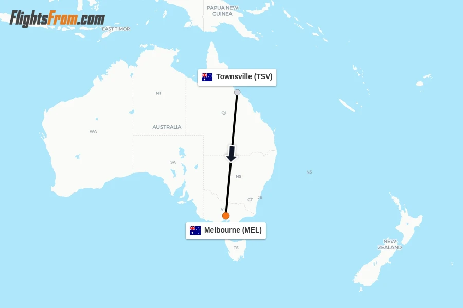 Flights from Townsville to Melbourne route map