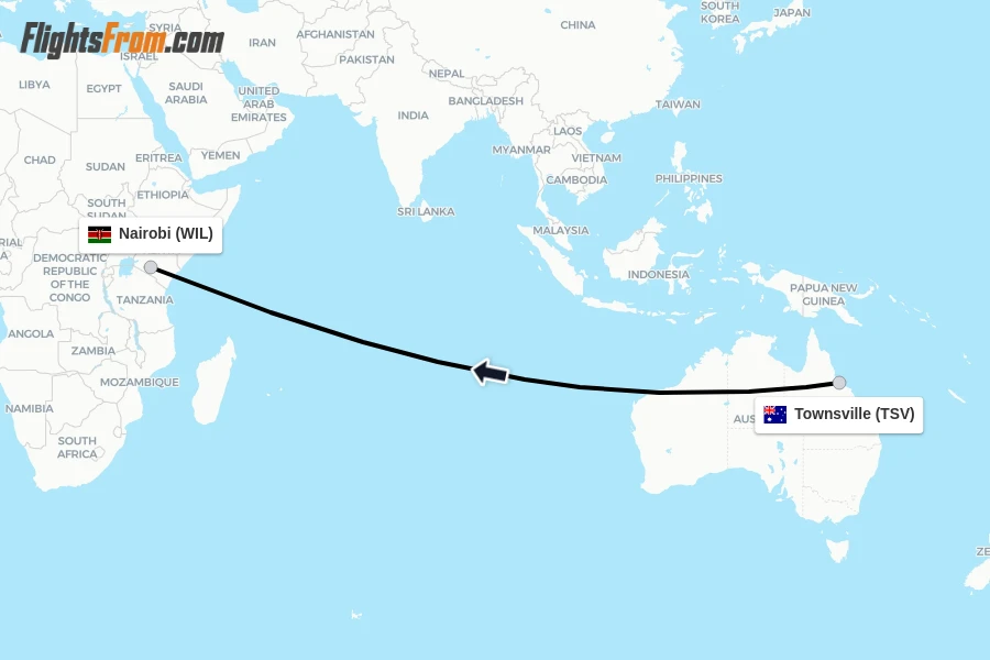 Flights from Townsville to Nairobi route map