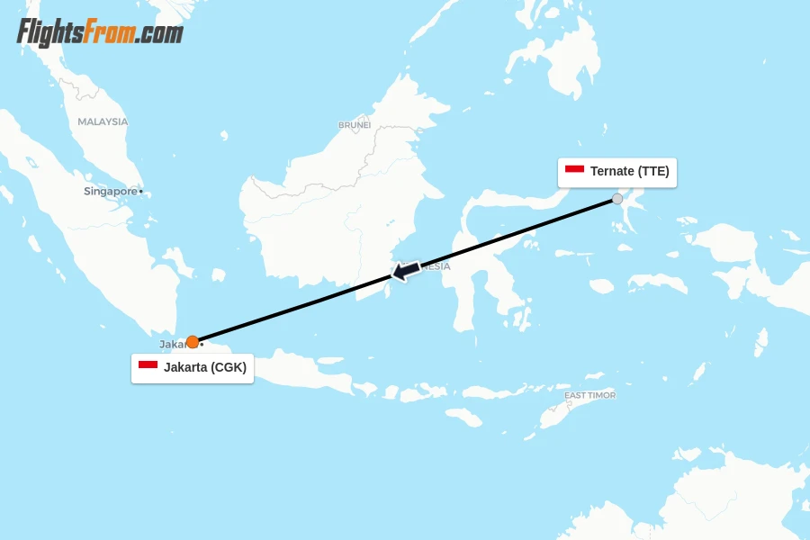 Flights from Ternate to Jakarta route map