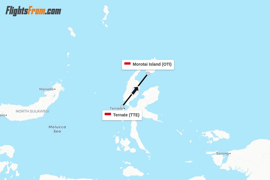 Flights from Ternate to Morotai Island route map