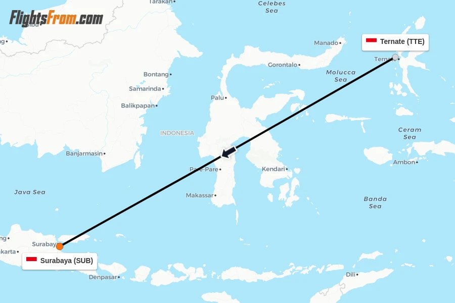 Flights from Ternate to Surabaya route map