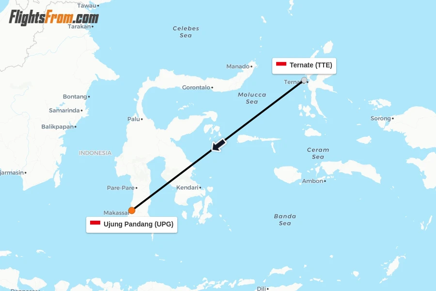 Flights from Ternate to Ujung Pandang route map