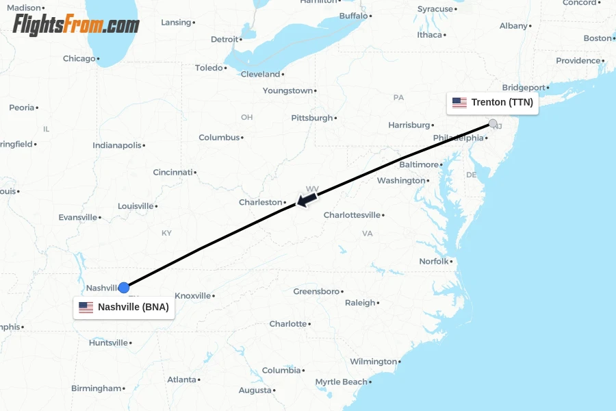 Flights from Trenton to Nashville route map