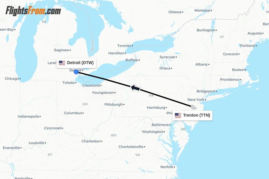Flights from Trenton to Detroit route map