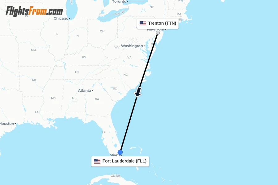 Flights from Trenton to Fort Lauderdale route map