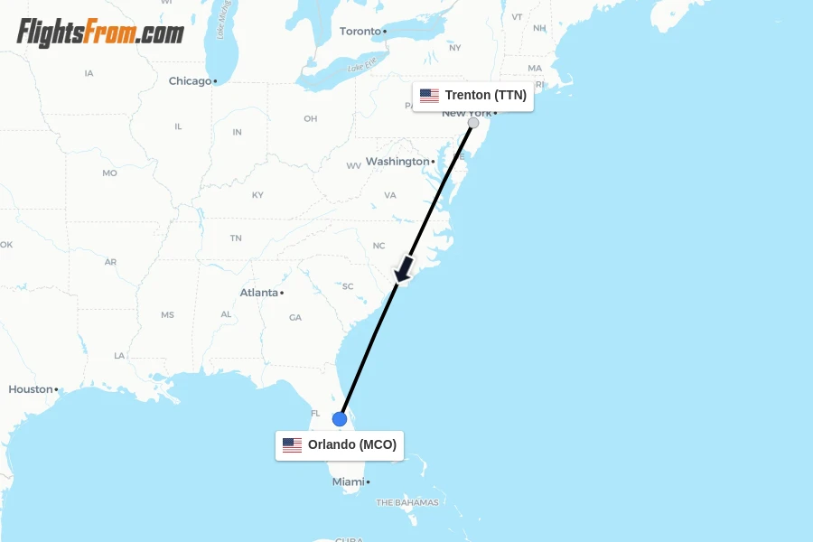 Flights from Trenton to Orlando route map